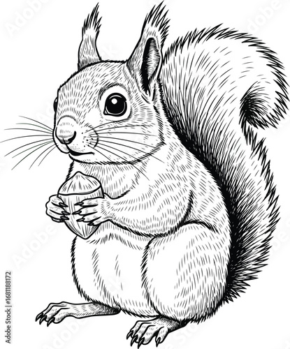 Squirrel: A detailed sketch-style illustration of a squirrel holding a nut, with intricate fur texture and an innocent expression.