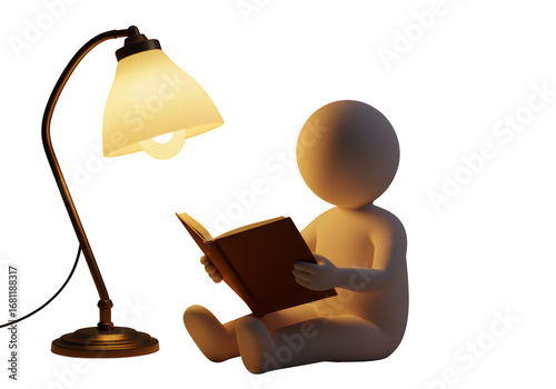 Isolated bookworm sitting under lamp with book, reading a novel at home late at night