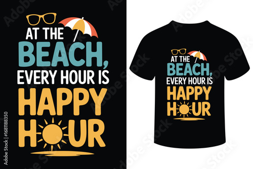 Beach happy hour t shirt design with sunglasses and umbrella illustration