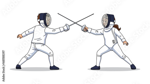 Dynamic Duel: A thrilling illustration captures two fencers engaged in a passionate bout, poised with determination and skill. A testament to precision and athletic prowess.