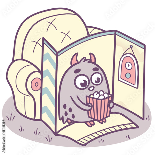 Vector illustration of Cute cartoon monster watching TV with popcorn in a cozy fort