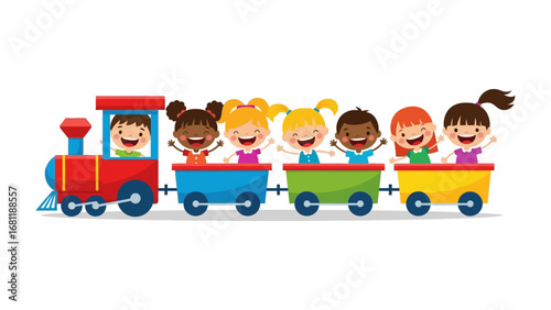 Joyful Train Ride: Charming illustrations of happy children riding a colorful train, evoking feelings of happiness, childhood, and adventure