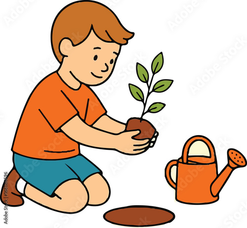Young Boy Planting a Seedling – Gardening and Growth Illustration