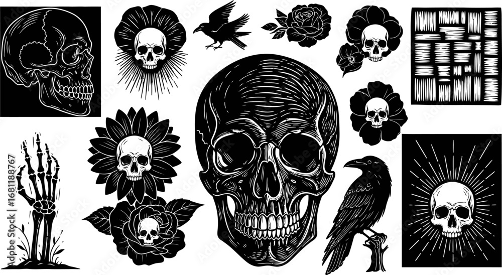 Fototapeta premium Black and White Skull and Raven Illustration Set