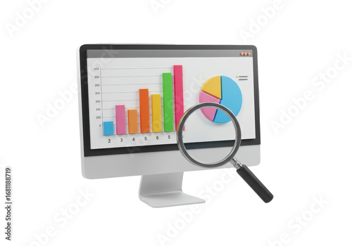 Isolated computer screen display with financial charts and a magnifying glass, information analysis