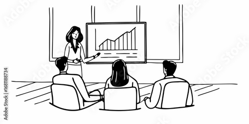 Woman presenting graph to audience in meeting room with white board and chairs in a business setting