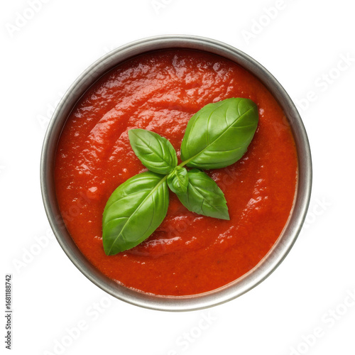 Bowl of tomato sauce with fresh basil isolated on transparent background