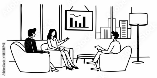 Three people in a meeting room discussing a chart with a floor lamp and city view at the background