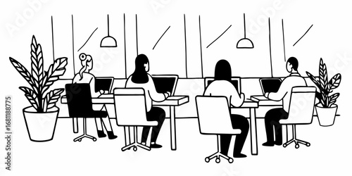 People working on laptops in a bright office space with plants and hanging lights in black and white style