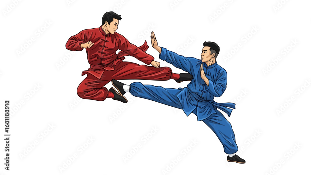 Naklejka premium Dynamic Martial Arts:Two disciplined martial artists engage in a dynamic display of power, skill, and focus. This illustration captures a moment of action and discipline. 