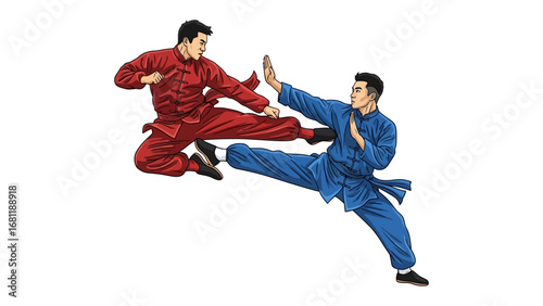 Dynamic Martial Arts:Two disciplined martial artists engage in a dynamic display of power, skill, and focus. This illustration captures a moment of action and discipline. 