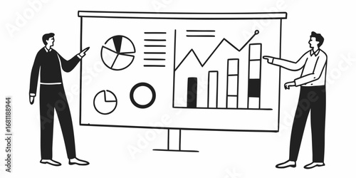 Two people presenting data charts and graphs on a whiteboard in a business meeting setting illustration