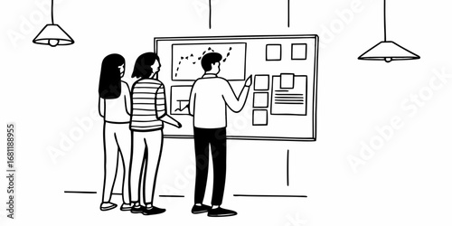 Three people looking at a board with charts and notes in a room with hanging lights design drawing