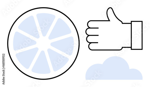 Circular segmented shape, thumbs up outline, and cloud silhouette. Ideal for creativity, feedback, cloud services, positivity, data storage, simplicity simple landing page