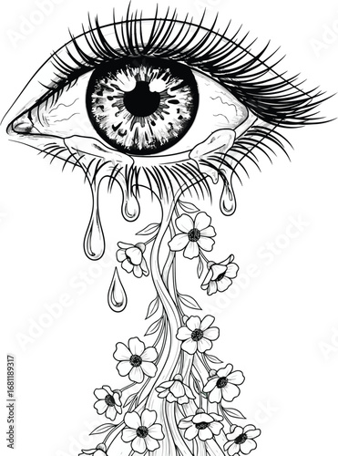 Eye: A surreal line art drawing of a human eye crying, with the tears transforming into a cascade of growing flowers and vines.