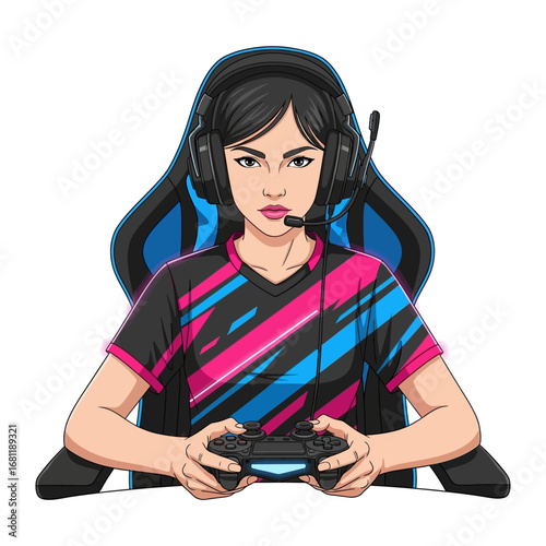 Gaming Girl: Captivating illustration of a young woman deeply immersed in the world of gaming, her intense gaze reflecting the focus and thrill of virtual competition. 
