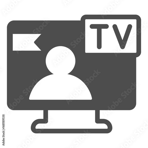 TV program with news channel solid icon, info tech concept. Vector graphics. Monitor screen with person, television sign on white background, outline style icon for mobile or web design.
