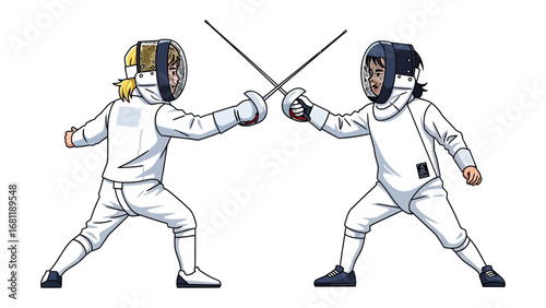 Fencing Duel: Capturing the grace, precision, and intense focus of a fencing duel, two competitors engage in a spirited match of skill and strategy.