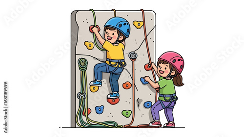 Rock Climbing: Two young, adventurous children embrace the thrill of indoor rock climbing. One child is actively scaling the wall, their movements mirroring the determined focus of their companion.