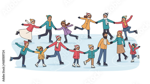 Joyful Group Ice Skating: A diverse group of individuals glides gracefully across a frozen pond, their hands clasped in unity, embodying the spirit of togetherness and wintertime merriment.