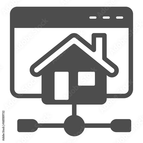 Website in home network solid icon, info tech concept. Vector graphics. Cottage house page and connection, connectivity sign on white background, outline style icon for mobile or web design.
