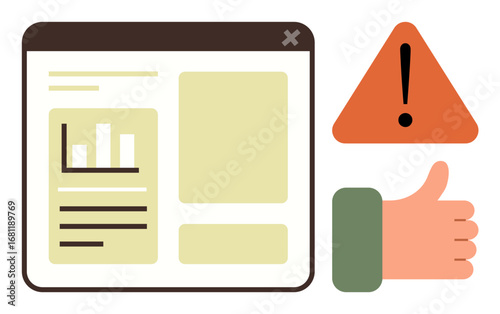 Data dashboard with chart and text, warning triangle, and thumbs-up gesture. Ideal for data analysis, risk assessment, decision making, evaluation, feedback, approval and action prioritization