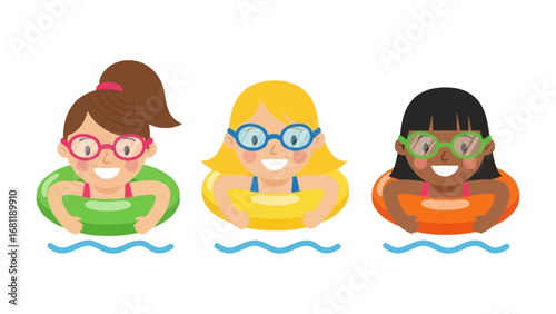 Summer Swim Trio: Three joyful individuals, each wearing a colorful inflatable ring and playful spectacles, float in the clear, refreshing water, radiating happiness on a sunny day.