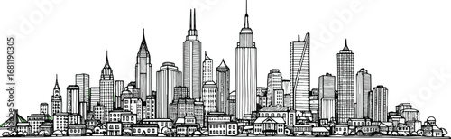 City: A highly detailed line art drawing of a sprawling cityscape with various skyscrapers and buildings, creating an impressive urban panorama.