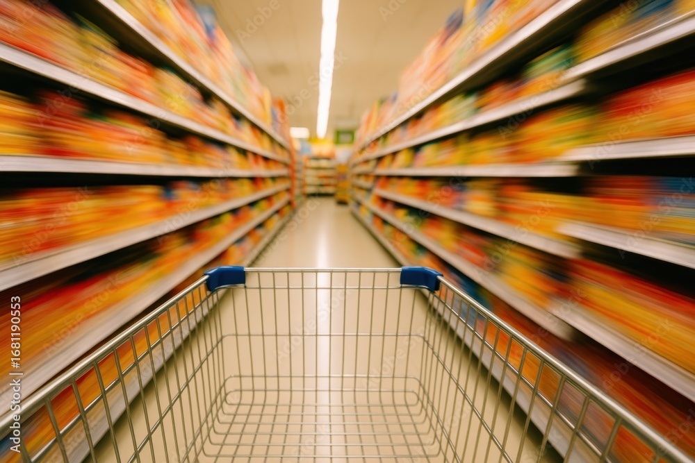 Fototapeta premium Grocery shopping cart moving through supermarket aisle with motion blur effect capturing retail consumer experience