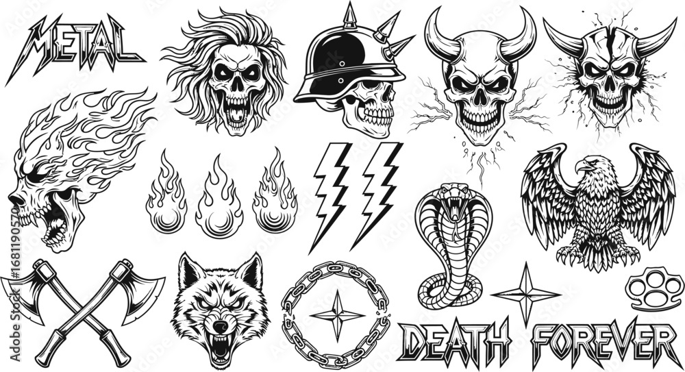 Naklejka premium Metal themed graphic elements set with skull, flames, wolf, and axes.