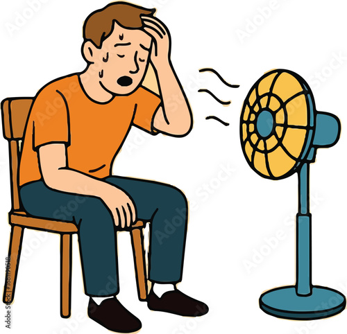 Man Feeling Hot and Sweaty Sitting in Front of Electric Fan – Summer Heat Relief