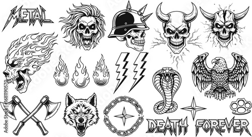 Metal themed graphic elements set with skull, flames, wolf, and axes.