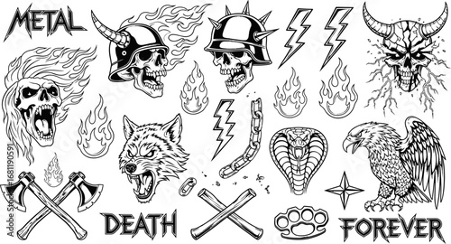 MetalDeath Tattoo Elements Skulls with Fire, Wolf, Eagle, and Vector.