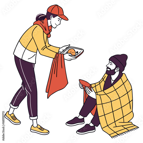 Vector illustration of Volunteer offering food and blanket to a homeless person