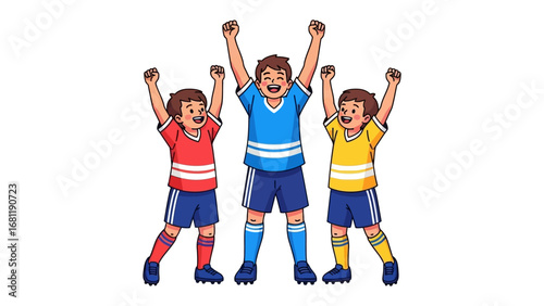 Triumphant Soccer Players: A dynamic illustration captures three animated soccer players in vibrant kits, their arms raised in elated celebration, perfect for conveying sportsmanship and victory.