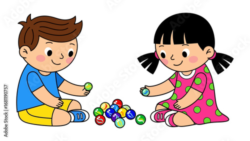 Joyful Play: Two young children sit opposite each other, absorbed in a game of marbles, their faces alight with the simple pleasure of childhood and innocent play. 