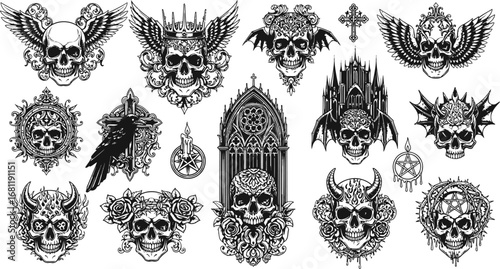 Gothic Skulls Vector Set Halloween with Tattoo, Death, and Ornament.