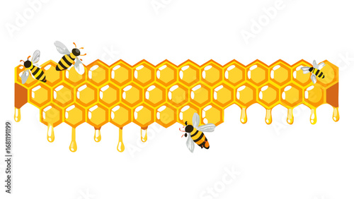 Several honey bees buzzing around a dripping honeycomb structure with golden honey droplets isolated on transparent background