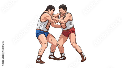 Wrestling Match Illustration: Capturing a powerful moment in the sport of wrestling, two male athletes engage in a dynamic pose, showcasing their strength and skill, in a stunning vector illustration.