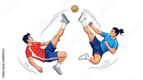 Dynamic Sepak Takraw Duo in Action: Two skilled athletes showcase an impressive display of athleticism in a captivating graphic illustration, executing a dynamic sepak takraw maneuver with precision.