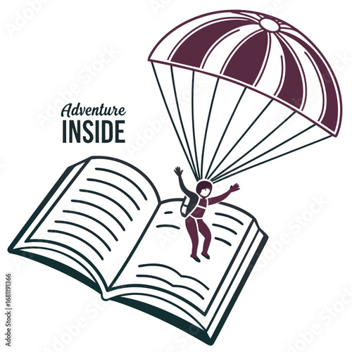 Vector illustration of Skydiver emerging from an open book with "Adventure Inside" text