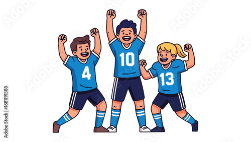 Triumphant Trio: A lively vector illustration showcases three ecstatic teammates celebrating victory after the final whistle blows, their shared joy palpable. 