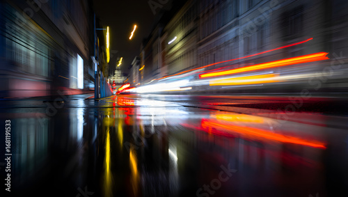 Blurred car lights streak through a city street at night, creating a vibrant and dynamic scene of urban life and transportation