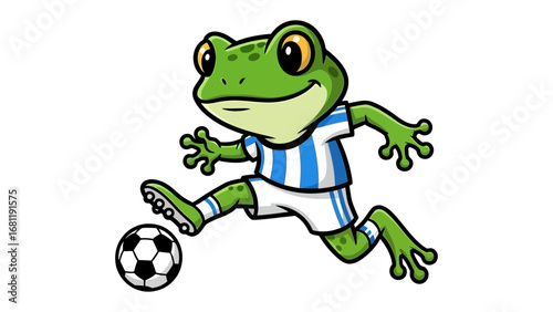 Frog Soccer Star: A charming frog, sporting a soccer uniform, dribbles a soccer ball, exuding energy and the spirit of sportsmanship. A fun and engaging illustration for sports and animal lovers.
