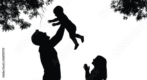 Silhouette family father child mother playing outdoor happy