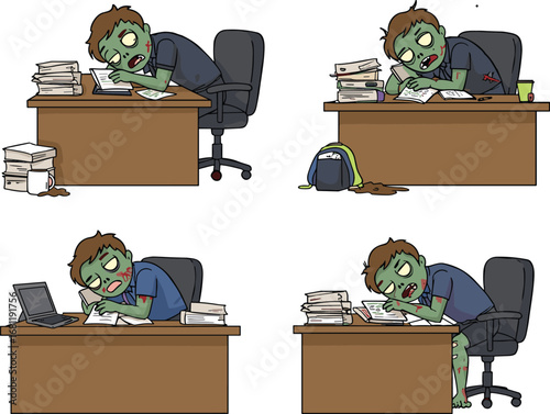 Tired zombie student cartoon set, exhausted undead doing homework at desk, funny school stress illustration, studying overload horror concept