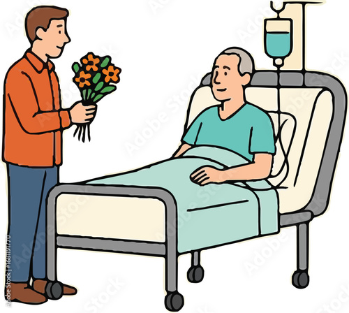 Man Visiting Hospital Patient with Flowers – Caring and Support Concept