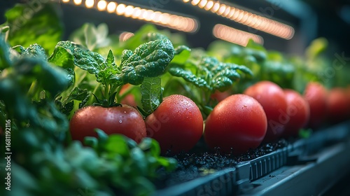 Fresh ripe tomatoes and green lettuce growing in a modern hydroponic indoor farm photo