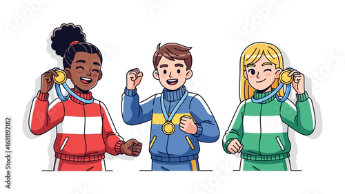 Victory's Embrace: Capturing the elation of triumph, a vibrant illustration showcases three young athletes proudly displaying their gold medals, symbolizing achievement and perseverance.