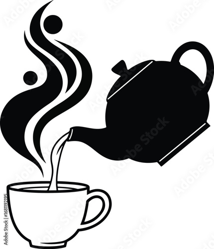 Tea: A bold, black and white graphic illustration of a teapot pouring hot liquid into a teacup with steam rising, creating a clean, modern design.